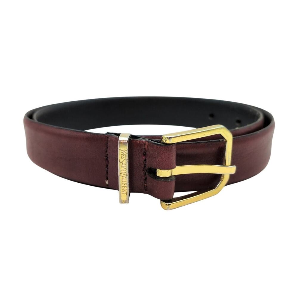 Vintage YSL Yves Saint Laurent Leather Belt Burgundy Logo Gold Buckle Size 32